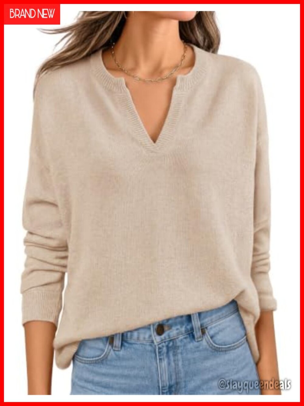 Cozy V Neck Loose Knit Pullover Sweater Long Sleeve Warm Fall Top